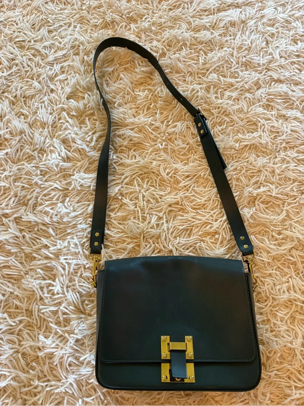 Sophie Hulme Black Leather Messenger Bag with Gold Hardware